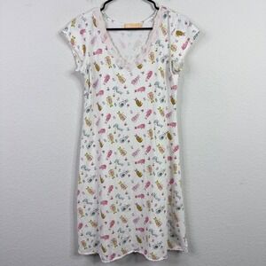 La Cera‎ Nightgown Womens XS White Cat Print Short Sleeve Lace Trim Sleepwear